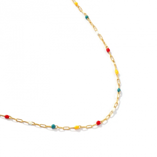 Picture of 10 M (Approx 32.81 Foot) Eco-friendly PVD Vacuum Plating Waterproof Anti-Tarnish Hypoallergenic 304 Stainless Steel Enamel Paperclip Link Chain For Handmade DIY Jewelry Making Findings 18K Real Gold Plated Multicolor 1.4mm