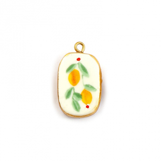 Immagine di 2 Pz Placcatura Sottovuoto PVD Ecologica Impermeabile Anti-Ossidante Ipoallergenico 304 Acciaio Inossidabile & Ceramica Ciondoli 18K Vero Oro Placcato Multicolore Ovale Limone 27mm x 16mm