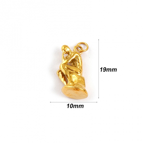Immagine di 1 Pz Placcatura Sottovuoto PVD Ecologica Impermeabile Anti-Ossidante Ipoallergenico 304 Acciaio Inossidabile Viaggio Ciondoli 18K Vero Oro Placcato La Statua Il Pensatore di Rodin 3D 19mm x 10mm