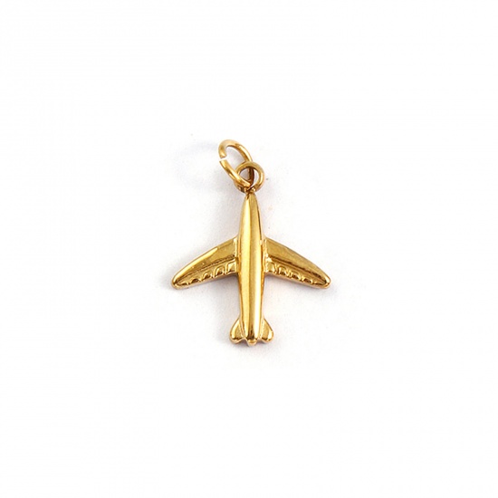 Immagine di 1 Pz Placcatura Sottovuoto PVD Ecologica Impermeabile Anti-Ossidante Ipoallergenico 304 Acciaio Inossidabile Viaggio Ciondoli 18K Vero Oro Placcato Aeroplano 3D 17mm x 12mm