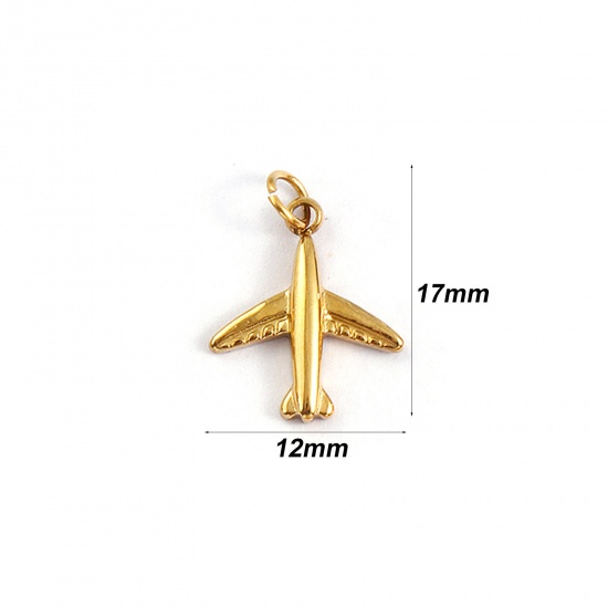 Immagine di 1 Pz Placcatura Sottovuoto PVD Ecologica Impermeabile Anti-Ossidante Ipoallergenico 304 Acciaio Inossidabile Viaggio Ciondoli 18K Vero Oro Placcato Aeroplano 3D 17mm x 12mm