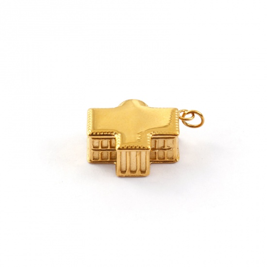 Immagine di 1 Pz Placcatura Sottovuoto PVD Ecologica Impermeabile Anti-Ossidante Ipoallergenico 304 Acciaio Inossidabile Viaggio Ciondoli 18K Vero Oro Placcato Casa Bianca 3D 21mm x 7mm