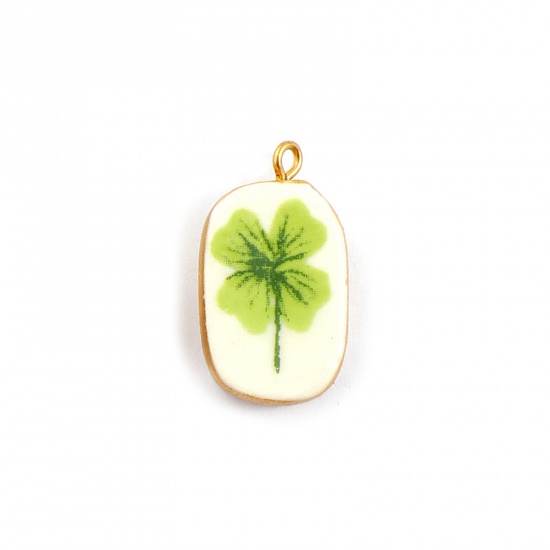 Immagine di 2 Pz Placcatura Sottovuoto PVD Ecologica Impermeabile Anti-Ossidante Ipoallergenico 304 Acciaio Inossidabile & Ceramica Ciondoli 18K Vero Oro Placcato Verde Ovale Foglia di Trifoglio 27mm x 16mm