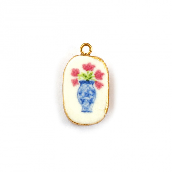 Immagine di 2 Pz Placcatura Sottovuoto PVD Ecologica Impermeabile Anti-Ossidante Ipoallergenico 304 Acciaio Inossidabile & Ceramica Ciondoli 18K Vero Oro Placcato Multicolore Ovale Vaso di Fiori 27mm x 16mm