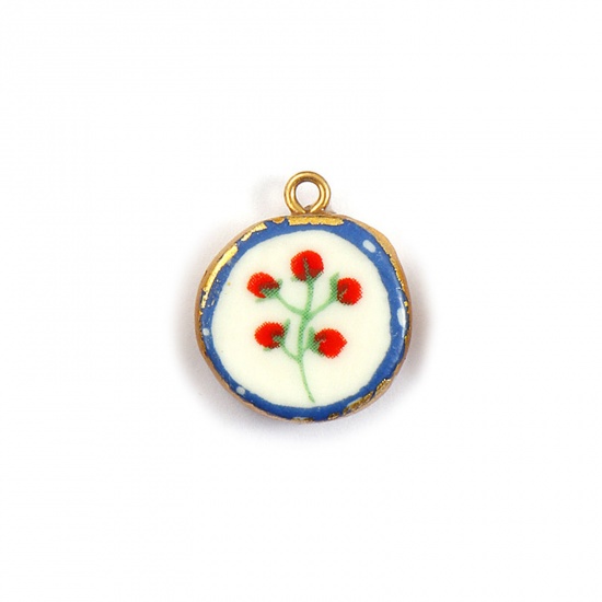 Immagine di 2 Pz Placcatura Sottovuoto PVD Ecologica Impermeabile Anti-Ossidante Ipoallergenico 304 Acciaio Inossidabile & Ceramica Ciondoli 18K Vero Oro Placcato Multicolore Tondo Disco Ortensia 22mm x 19mm