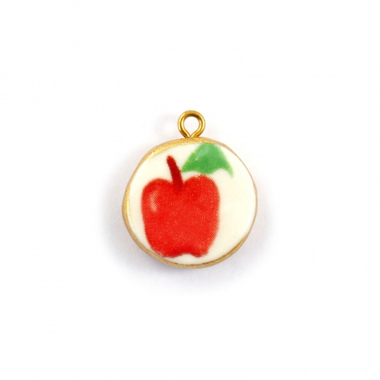Immagine di 2 Pz Placcatura Sottovuoto PVD Ecologica Impermeabile Anti-Ossidante Ipoallergenico 304 Acciaio Inossidabile & Ceramica Ciondoli 18K Vero Oro Placcato Rosso Tondo Disco Mela 22mm x 19mm