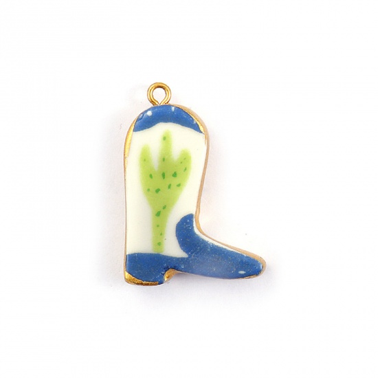 Picture of 2 PCs Eco-friendly PVD Vacuum Plating Waterproof Anti-Tarnish Hypoallergenic 304 Stainless Steel & Ceramic West Cowboy Pendants 18K Real Gold Plated Multicolor Boots Cactus 3.4cm x 2.3cm