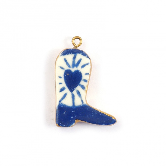 Picture of 2 PCs Eco-friendly PVD Vacuum Plating Waterproof Anti-Tarnish Hypoallergenic 304 Stainless Steel & Ceramic West Cowboy Pendants 18K Real Gold Plated Dark Blue Boots Heart 3.4cm x 2.3cm
