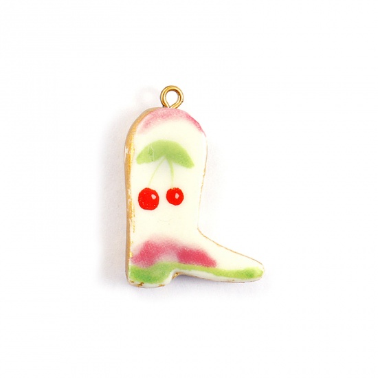 Picture of 2 PCs Eco-friendly PVD Vacuum Plating Waterproof Anti-Tarnish Hypoallergenic 304 Stainless Steel & Ceramic West Cowboy Pendants 18K Real Gold Plated Multicolor Boots Cherry Fruit 3.4cm x 2.3cm