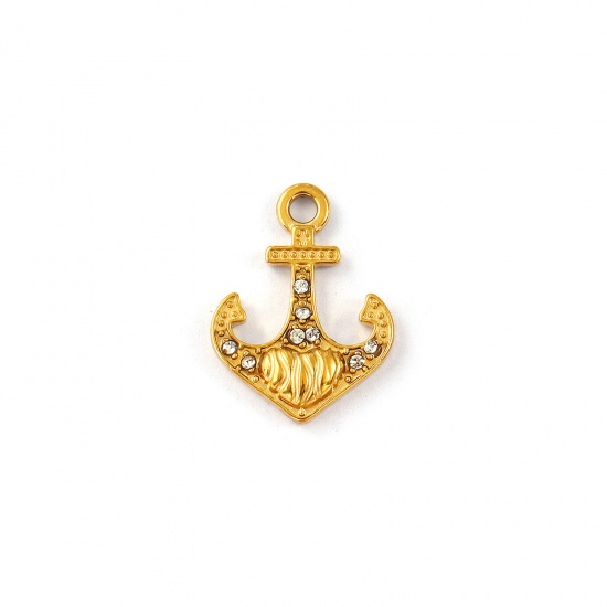 Immagine di 2 Pz Placcatura Sottovuoto PVD Ecologica Impermeabile Anti-Ossidante Ipoallergenico 304 Acciaio Inossidabile Ciondoli 18K Vero Oro Placcato Ancora Cuore Micro Spianare Trasparente Strass 19mm x 14mm