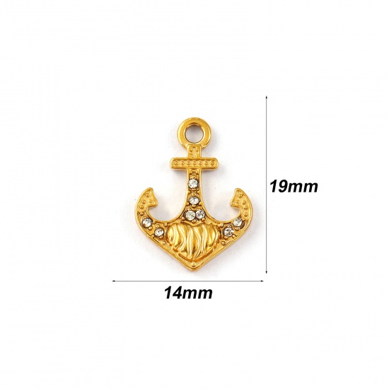 Immagine di 2 Pz Placcatura Sottovuoto PVD Ecologica Impermeabile Anti-Ossidante Ipoallergenico 304 Acciaio Inossidabile Ciondoli 18K Vero Oro Placcato Ancora Cuore Micro Spianare Trasparente Strass 19mm x 14mm