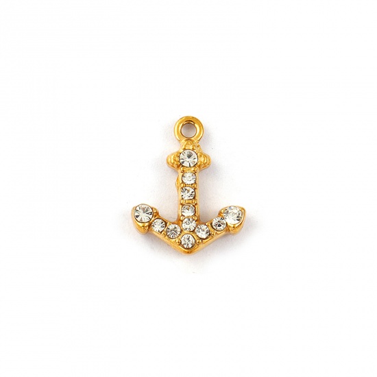 Immagine di 2 Pz Placcatura Sottovuoto PVD Ecologica Impermeabile Anti-Ossidante Ipoallergenico 304 Acciaio Inossidabile Ciondoli 18K Vero Oro Placcato Ancora Micro Spianare Trasparente Strass 14.5mm x 12mm