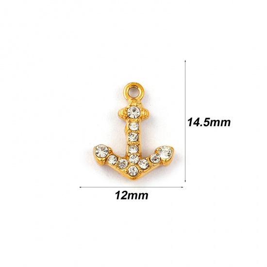 Immagine di 2 Pz Placcatura Sottovuoto PVD Ecologica Impermeabile Anti-Ossidante Ipoallergenico 304 Acciaio Inossidabile Ciondoli 18K Vero Oro Placcato Ancora Micro Spianare Trasparente Strass 14.5mm x 12mm
