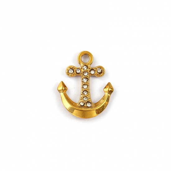 Immagine di 2 Pz Placcatura Sottovuoto PVD Ecologica Impermeabile Anti-Ossidante Ipoallergenico 304 Acciaio Inossidabile Ciondoli 18K Vero Oro Placcato Ancora Micro Spianare Trasparente Strass 17.5mm x 14mm
