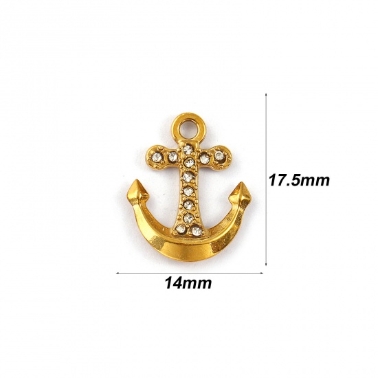 Immagine di 2 Pz Placcatura Sottovuoto PVD Ecologica Impermeabile Anti-Ossidante Ipoallergenico 304 Acciaio Inossidabile Ciondoli 18K Vero Oro Placcato Ancora Micro Spianare Trasparente Strass 17.5mm x 14mm