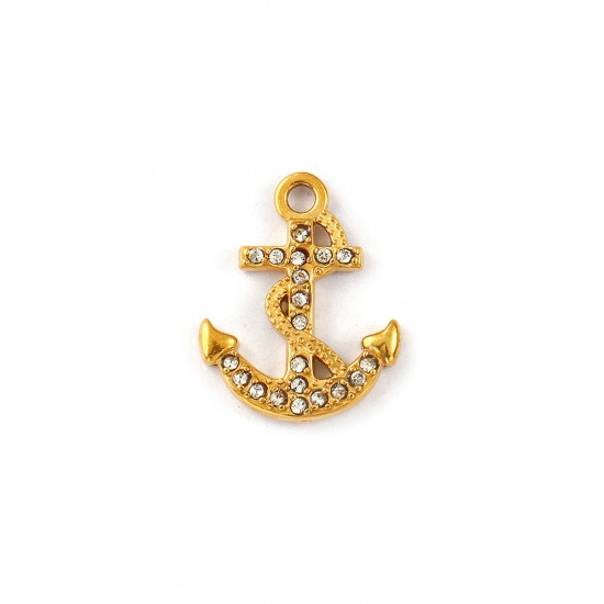 Immagine di 2 Pz Placcatura Sottovuoto PVD Ecologica Impermeabile Anti-Ossidante Ipoallergenico 304 Acciaio Inossidabile Ciondoli 18K Vero Oro Placcato Ancora Micro Spianare Trasparente Strass 19mm x 15mm