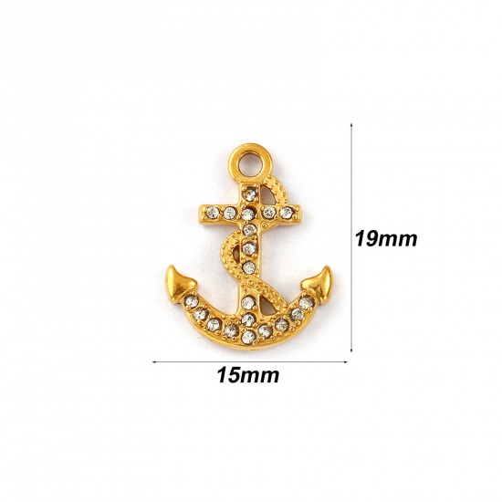 Immagine di 2 Pz Placcatura Sottovuoto PVD Ecologica Impermeabile Anti-Ossidante Ipoallergenico 304 Acciaio Inossidabile Ciondoli 18K Vero Oro Placcato Ancora Micro Spianare Trasparente Strass 19mm x 15mm
