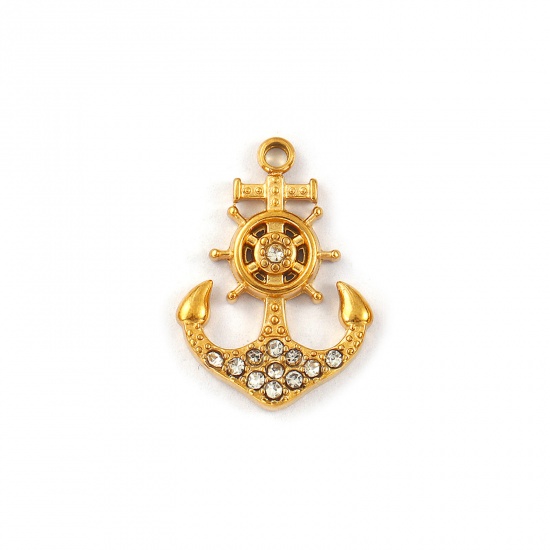 Immagine di 2 Pz Placcatura Sottovuoto PVD Ecologica Impermeabile Anti-Ossidante Ipoallergenico 304 Acciaio Inossidabile Ciondoli 18K Vero Oro Placcato Ancora Timone Micro Spianare Trasparente Strass 21mm x 15mm