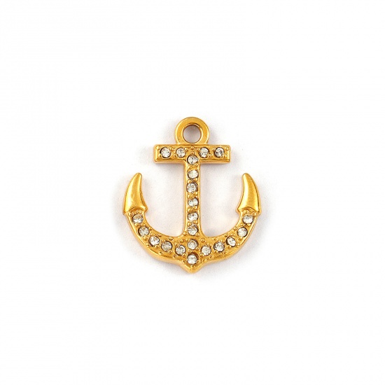Immagine di 2 Pz Placcatura Sottovuoto PVD Ecologica Impermeabile Anti-Ossidante Ipoallergenico 304 Acciaio Inossidabile Ciondoli 18K Vero Oro Placcato Ancora Micro Spianare Trasparente Strass 18mm x 16mm