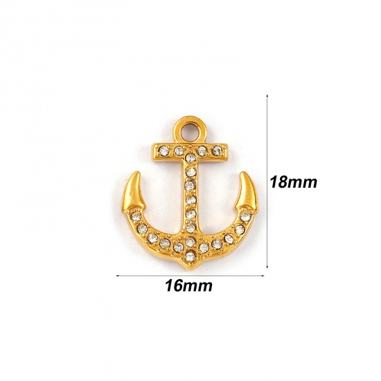 Immagine di 2 Pz Placcatura Sottovuoto PVD Ecologica Impermeabile Anti-Ossidante Ipoallergenico 304 Acciaio Inossidabile Ciondoli 18K Vero Oro Placcato Ancora Micro Spianare Trasparente Strass 18mm x 16mm