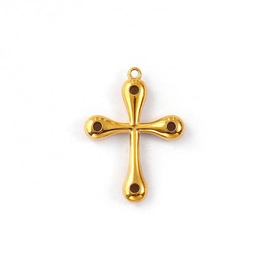 Immagine di 1 Pz Placcatura Sottovuoto PVD Ecologica Impermeabile Anti-Ossidante Ipoallergenico 304 Acciaio Inossidabile Religione Ciondoli 18K Vero Oro Placcato Croce Trasparente Strass 27mm x 20mm