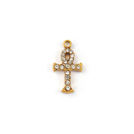 Immagine di 1 Pz Placcatura Sottovuoto PVD Ecologica Impermeabile Anti-Ossidante Ipoallergenico 304 Acciaio Inossidabile Religione Ciondoli 18K Vero Oro Placcato Croce Egiziana Micro Spianare Trasparente Strass 18mm x 10mm