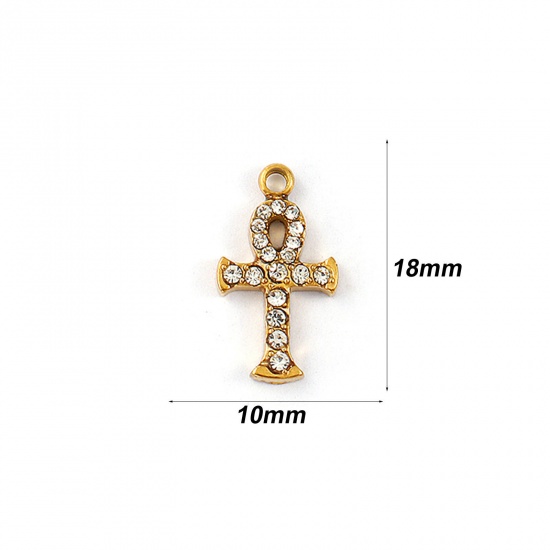 Immagine di 1 Pz Placcatura Sottovuoto PVD Ecologica Impermeabile Anti-Ossidante Ipoallergenico 304 Acciaio Inossidabile Religione Ciondoli 18K Vero Oro Placcato Croce Egiziana Micro Spianare Trasparente Strass 18mm x 10mm