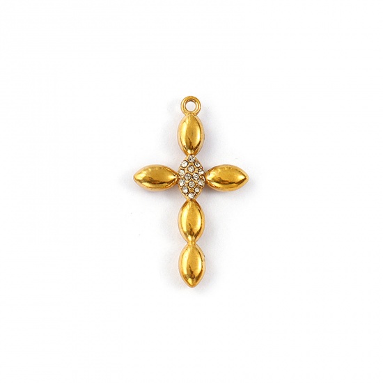 Immagine di 1 Pz Placcatura Sottovuoto PVD Ecologica Impermeabile Anti-Ossidante Ipoallergenico 304 Acciaio Inossidabile Religione Ciondoli 18K Vero Oro Placcato Croce Micro Spianare Trasparente Strass 27mm x 16mm