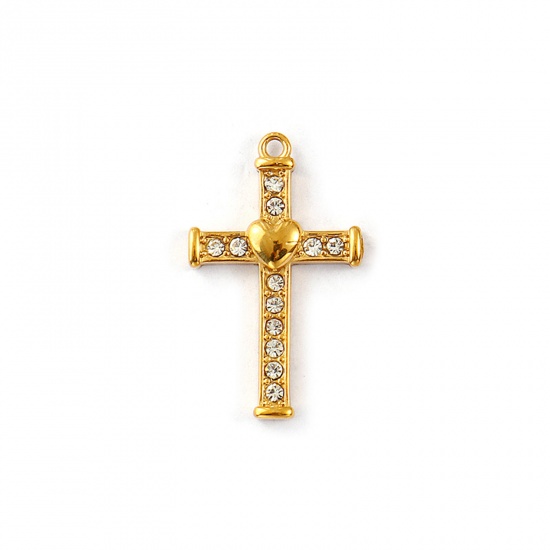 Immagine di 1 Pz Placcatura Sottovuoto PVD Ecologica Impermeabile Anti-Ossidante Ipoallergenico 304 Acciaio Inossidabile Religione Ciondoli 18K Vero Oro Placcato Croce Cuore Micro Spianare Trasparente Strass 28mm x 17mm