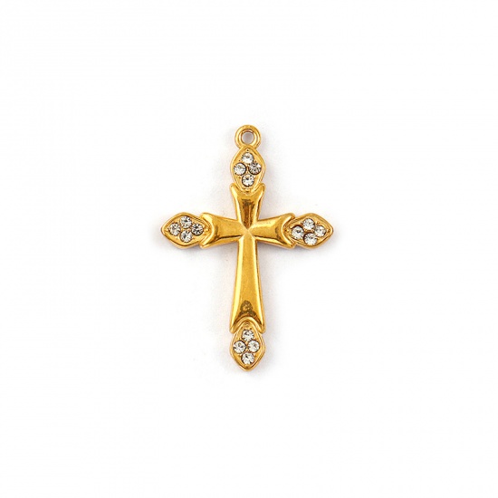 Immagine di 1 Pz Placcatura Sottovuoto PVD Ecologica Impermeabile Anti-Ossidante Ipoallergenico 304 Acciaio Inossidabile Religione Ciondoli 18K Vero Oro Placcato Croce Micro Spianare Trasparente Strass 27mm x 19mm