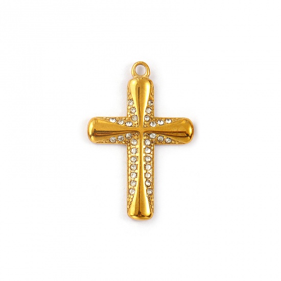 Immagine di 1 Pz Placcatura Sottovuoto PVD Ecologica Impermeabile Anti-Ossidante Ipoallergenico 304 Acciaio Inossidabile Religione Ciondoli Pendenti 18K Vero Oro Placcato Croce Micro Spianare Trasparente Strass 3.5cm x 2.3cm