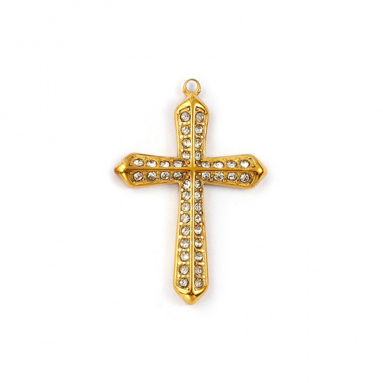 Immagine di 1 Pz Placcatura Sottovuoto PVD Ecologica Impermeabile Anti-Ossidante Ipoallergenico 304 Acciaio Inossidabile Religione Ciondoli Pendenti 18K Vero Oro Placcato Croce Micro Spianare Trasparente Strass 3.8cm x 2.6cm