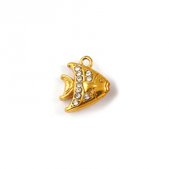 Picture of 2 PCs Eco-friendly PVD Vacuum Plating Waterproof Anti-Tarnish Hypoallergenic 304 Stainless Steel Ocean Jewelry Charms 18K Real Gold Plated Tropical Fish Micro Pave Clear Rhinestone 14mm x 12mm