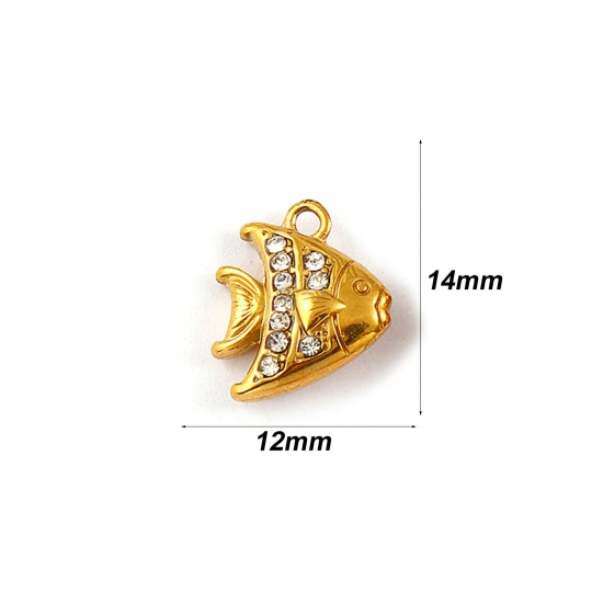 Picture of 2 PCs Eco-friendly PVD Vacuum Plating Waterproof Anti-Tarnish Hypoallergenic 304 Stainless Steel Ocean Jewelry Charms 18K Real Gold Plated Tropical Fish Micro Pave Clear Rhinestone 14mm x 12mm