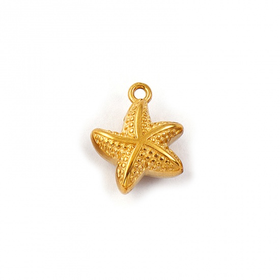 Picture of 2 PCs Eco-friendly PVD Vacuum Plating Waterproof Anti-Tarnish Hypoallergenic 304 Stainless Steel Ocean Jewelry Charms 18K Real Gold Plated Starfish 3D 14mm x 12mm