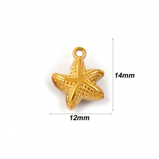 Picture of 2 PCs Eco-friendly PVD Vacuum Plating Waterproof Anti-Tarnish Hypoallergenic 304 Stainless Steel Ocean Jewelry Charms 18K Real Gold Plated Starfish 3D 14mm x 12mm