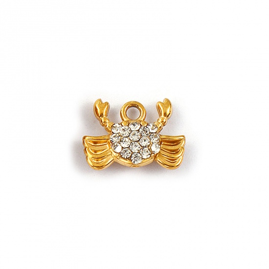 Picture of 2 PCs Eco-friendly PVD Vacuum Plating Waterproof Anti-Tarnish Hypoallergenic 304 Stainless Steel Ocean Jewelry Charms 18K Real Gold Plated Crab Animal Micro Pave Clear Rhinestone 12mm x 9mm