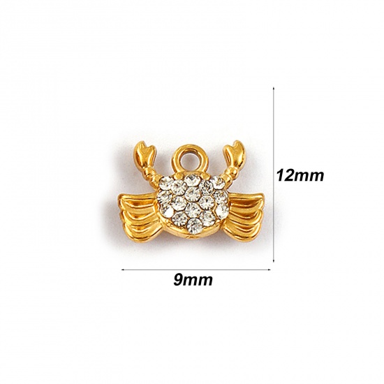 Picture of 2 PCs Eco-friendly PVD Vacuum Plating Waterproof Anti-Tarnish Hypoallergenic 304 Stainless Steel Ocean Jewelry Charms 18K Real Gold Plated Crab Animal Micro Pave Clear Rhinestone 12mm x 9mm