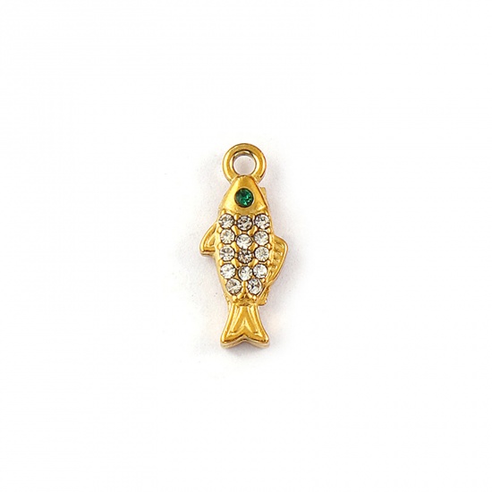 Picture of 2 PCs Eco-friendly PVD Vacuum Plating Waterproof Anti-Tarnish Hypoallergenic 304 Stainless Steel Ocean Jewelry Charms 18K Real Gold Plated Fish Animal Micro Pave Clear Rhinestone 14.5mm x 6mm