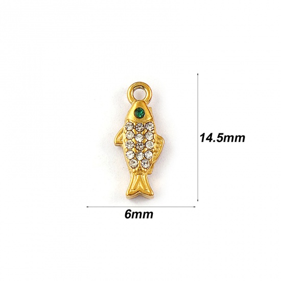 Picture of 2 PCs Eco-friendly PVD Vacuum Plating Waterproof Anti-Tarnish Hypoallergenic 304 Stainless Steel Ocean Jewelry Charms 18K Real Gold Plated Fish Animal Micro Pave Clear Rhinestone 14.5mm x 6mm
