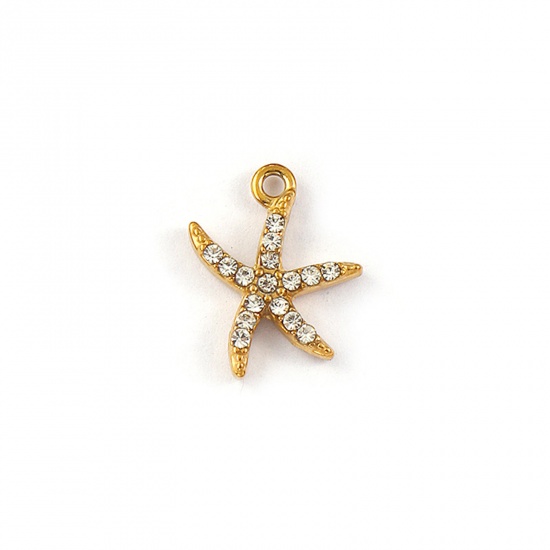 Picture of 2 PCs Eco-friendly PVD Vacuum Plating Waterproof Anti-Tarnish Hypoallergenic 304 Stainless Steel Ocean Jewelry Charms 18K Real Gold Plated Starfish Micro Pave Clear Rhinestone 14mm x 11mm