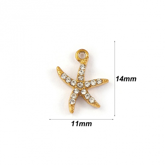 Picture of 2 PCs Eco-friendly PVD Vacuum Plating Waterproof Anti-Tarnish Hypoallergenic 304 Stainless Steel Ocean Jewelry Charms 18K Real Gold Plated Starfish Micro Pave Clear Rhinestone 14mm x 11mm
