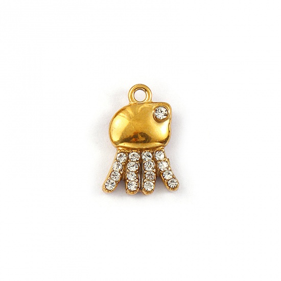 Picture of 2 PCs Eco-friendly PVD Vacuum Plating Waterproof Anti-Tarnish Hypoallergenic 304 Stainless Steel Ocean Jewelry Charms 18K Real Gold Plated Jellyfish Micro Pave Clear Rhinestone 14.5mm x 10mm