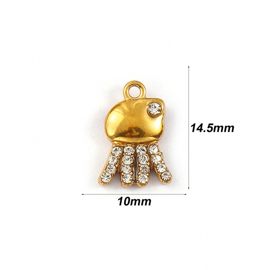 Picture of 2 PCs Eco-friendly PVD Vacuum Plating Waterproof Anti-Tarnish Hypoallergenic 304 Stainless Steel Ocean Jewelry Charms 18K Real Gold Plated Jellyfish Micro Pave Clear Rhinestone 14.5mm x 10mm