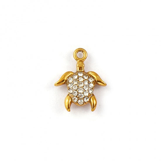 Picture of 2 PCs Eco-friendly PVD Vacuum Plating Waterproof Anti-Tarnish Hypoallergenic 304 Stainless Steel Ocean Jewelry Charms 18K Real Gold Plated Tortoise Animal Micro Pave Clear Rhinestone 14.5mm x 11.5mm