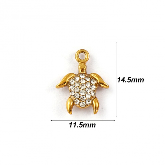 Picture of 2 PCs Eco-friendly PVD Vacuum Plating Waterproof Anti-Tarnish Hypoallergenic 304 Stainless Steel Ocean Jewelry Charms 18K Real Gold Plated Tortoise Animal Micro Pave Clear Rhinestone 14.5mm x 11.5mm