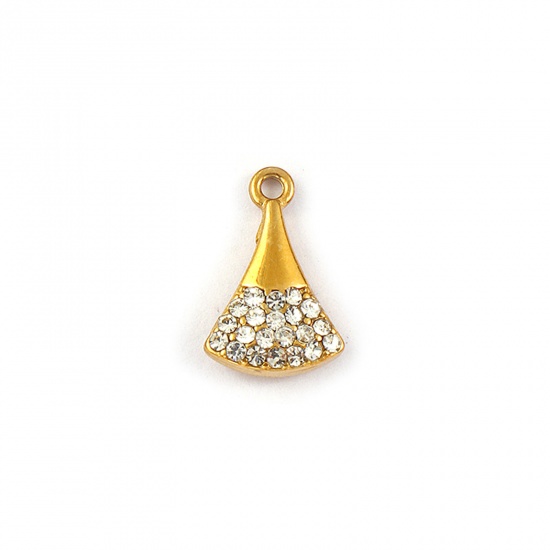 Picture of 2 PCs Eco-friendly PVD Vacuum Plating Waterproof Anti-Tarnish Hypoallergenic 304 Stainless Steel Charms 18K Real Gold Plated Fan-shaped Micro Pave Clear Rhinestone 15mm x 9.5mm