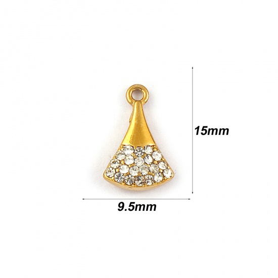 Picture of 2 PCs Eco-friendly PVD Vacuum Plating Waterproof Anti-Tarnish Hypoallergenic 304 Stainless Steel Charms 18K Real Gold Plated Fan-shaped Micro Pave Clear Rhinestone 15mm x 9.5mm