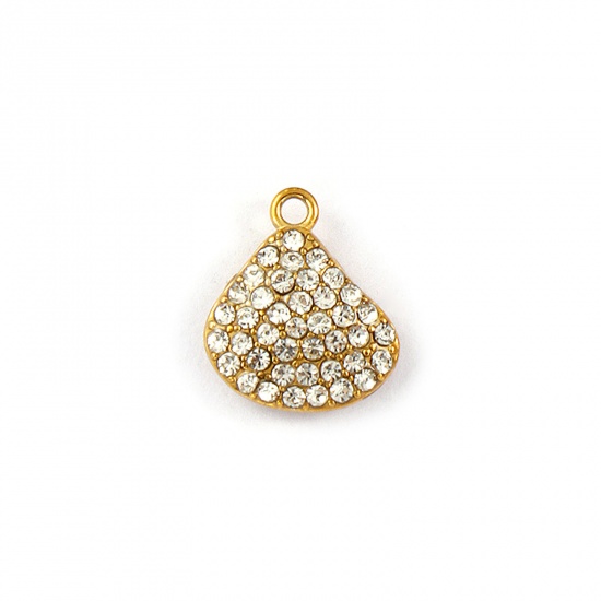 Picture of 2 PCs Eco-friendly PVD Vacuum Plating Waterproof Anti-Tarnish Hypoallergenic 304 Stainless Steel Charms 18K Real Gold Plated Shell Micro Pave Clear Rhinestone 14mm x 12mm