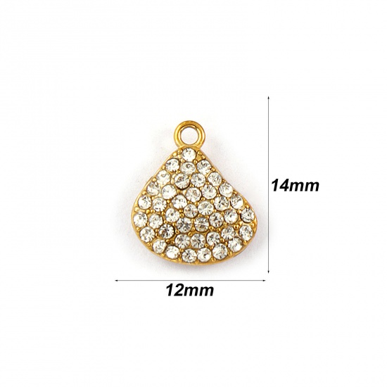 Picture of 2 PCs Eco-friendly PVD Vacuum Plating Waterproof Anti-Tarnish Hypoallergenic 304 Stainless Steel Charms 18K Real Gold Plated Shell Micro Pave Clear Rhinestone 14mm x 12mm